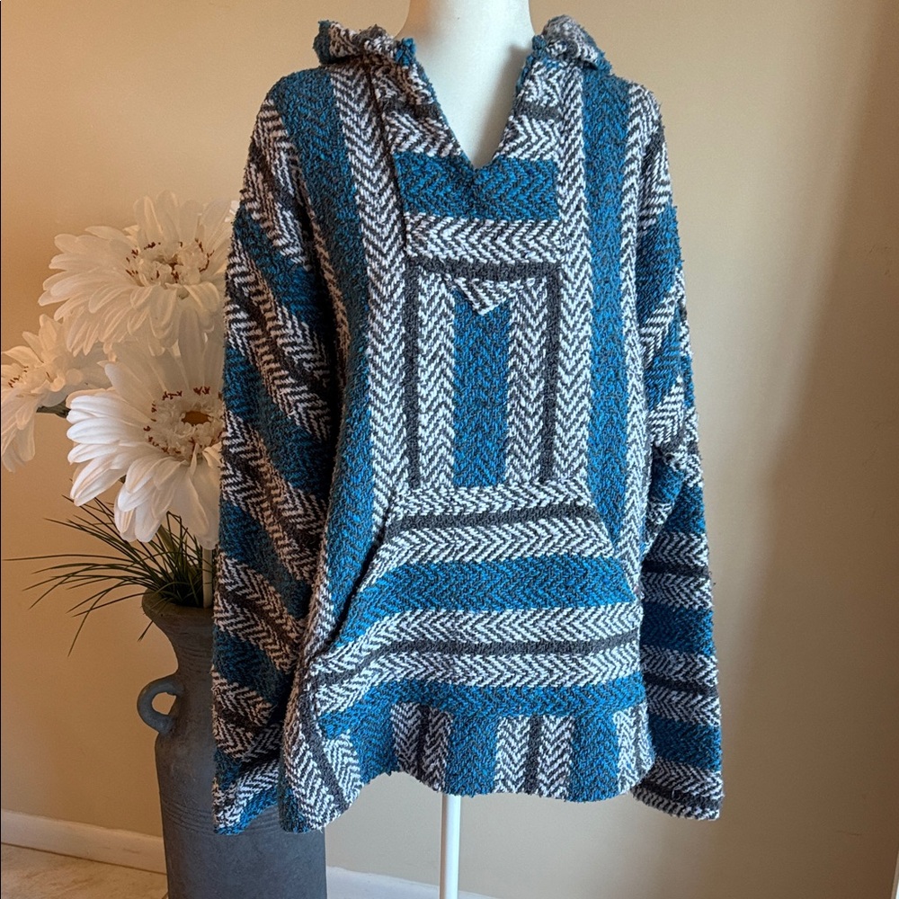 Baja Joe Blue, Gray, and White Striped Pullover